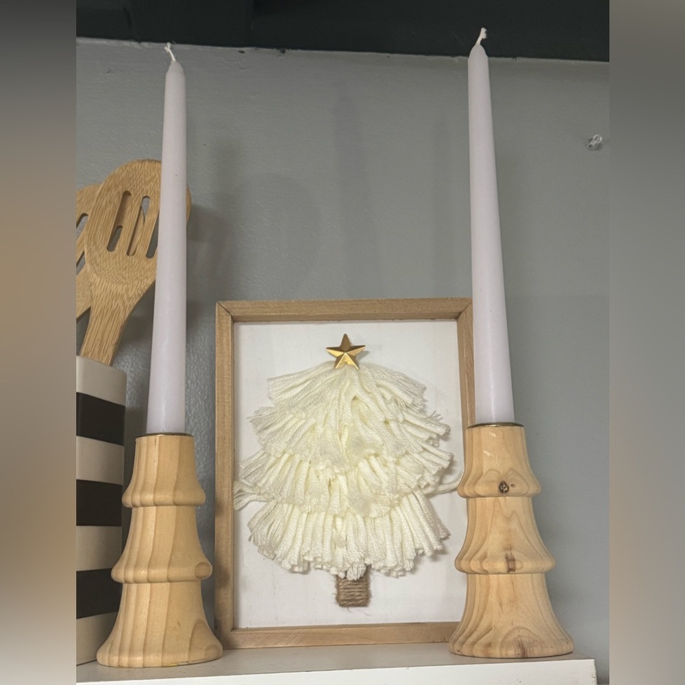 Wooden Candle Holders with White Candles